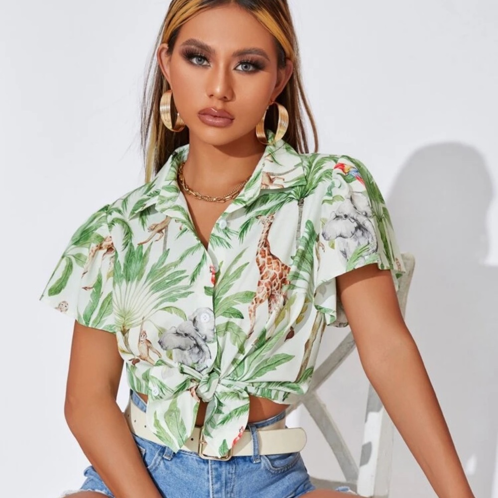Palm Tree & Animal Print Puff Sleeve Blouse